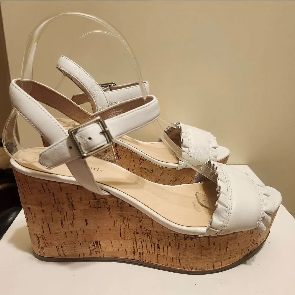 Kate Spade "Tomas" White Leather Ruffle Trim Cork Platform Sandals Sz.7.5 $235